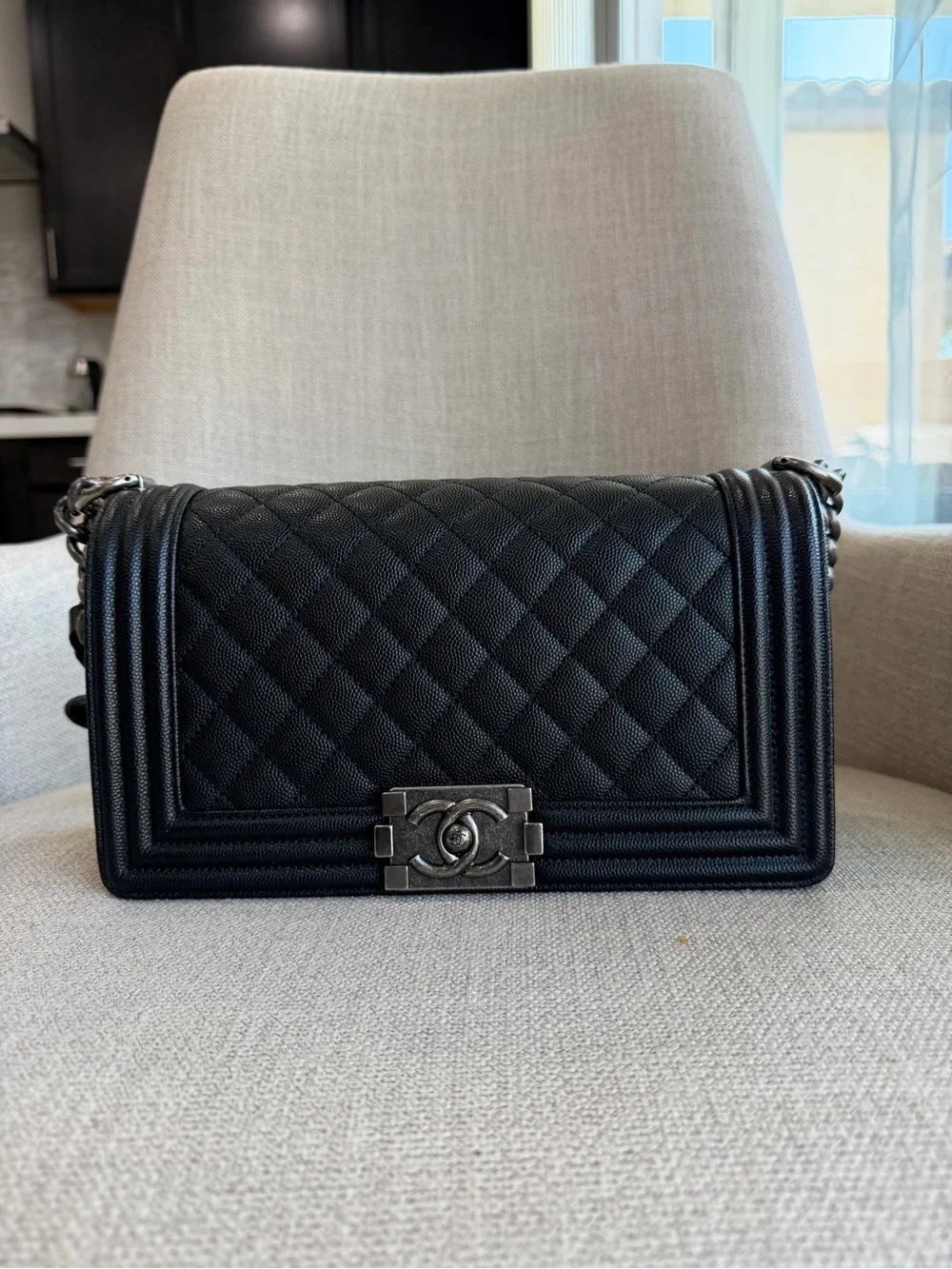 CHANEL Black Quilted Boy Shoulder Bag with Gunmetal Hardware